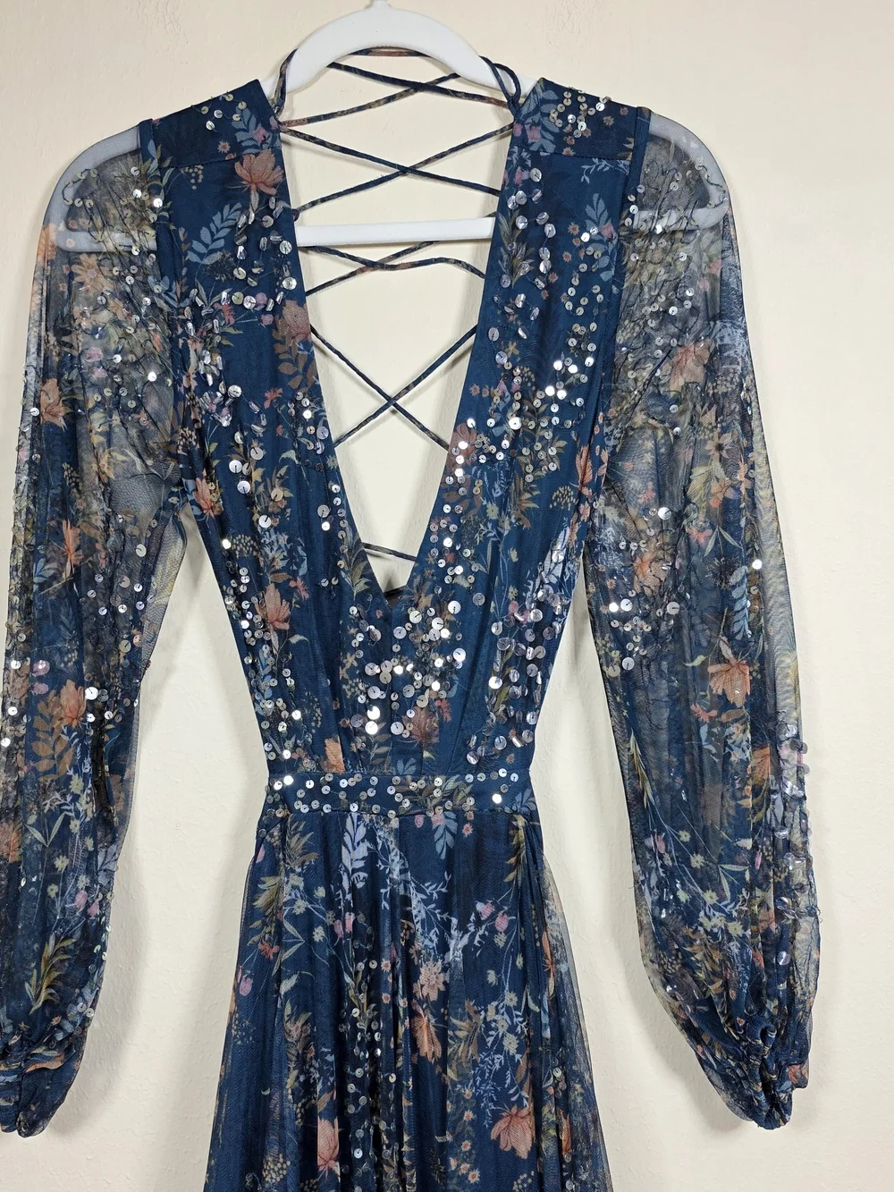 LEENA FOR MAC DUGGAL BLUE FLORAL GOWN SIZE 8 MSRP $598